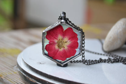 Preserved rose Necklace, Hexagon pendant
