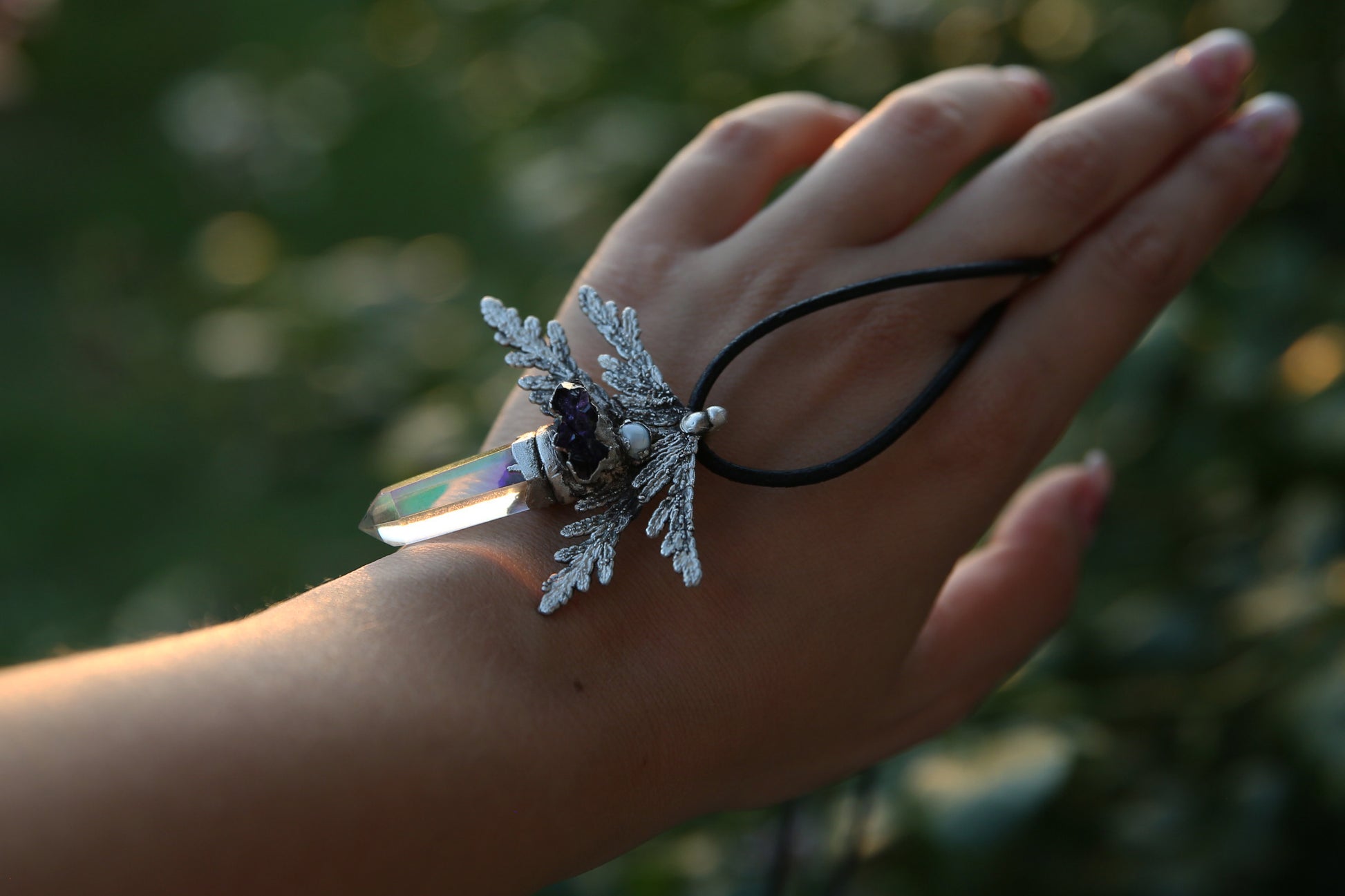 Angel aura silver necklace, 999 fine silver crystal pendant