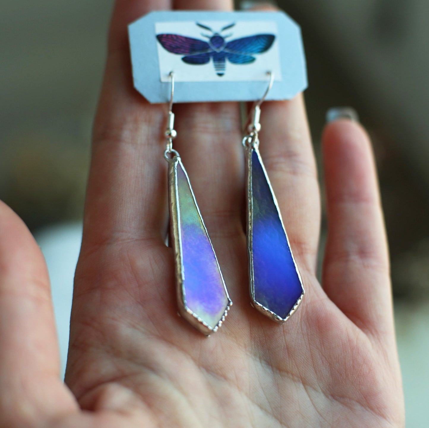 Ocean blue delicate earrings, Iridescent glass earrings