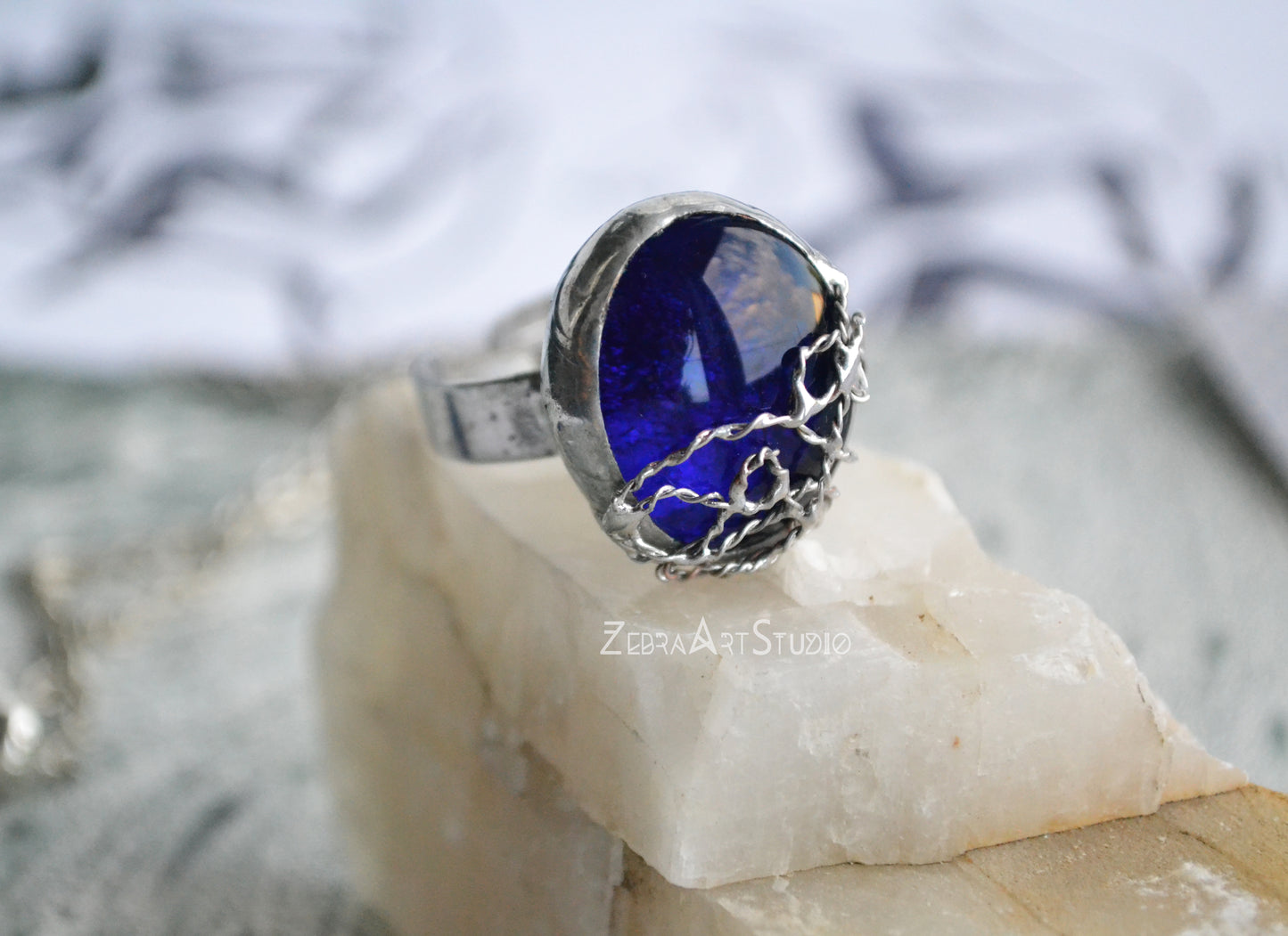 Blue glass jewelry set, Pendant and ring