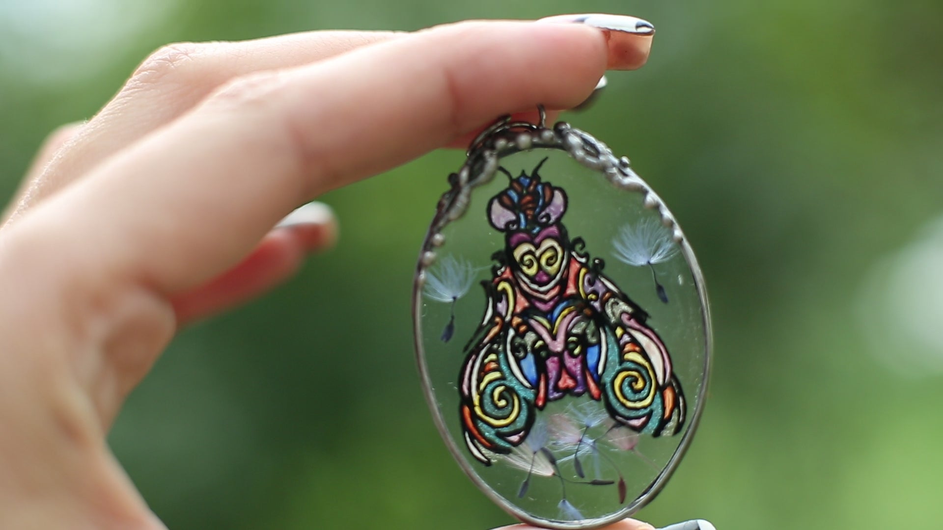 Moth necklace, Rainbow dandelions pendant