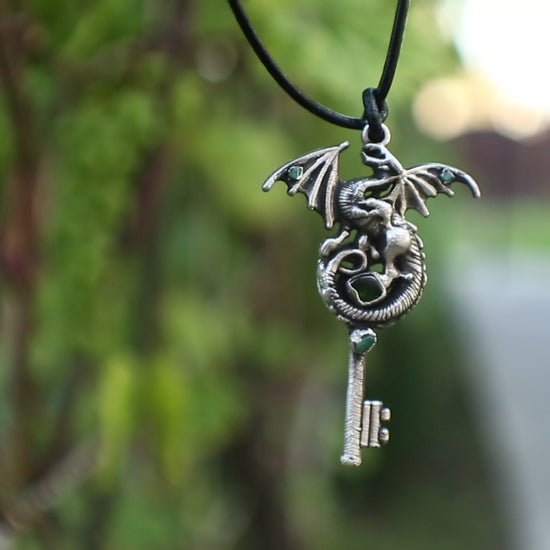 Silver plated dragon necklace, Dragon key pendant