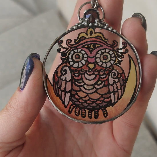 Lunar Owl Necklace, Stained glass necklace