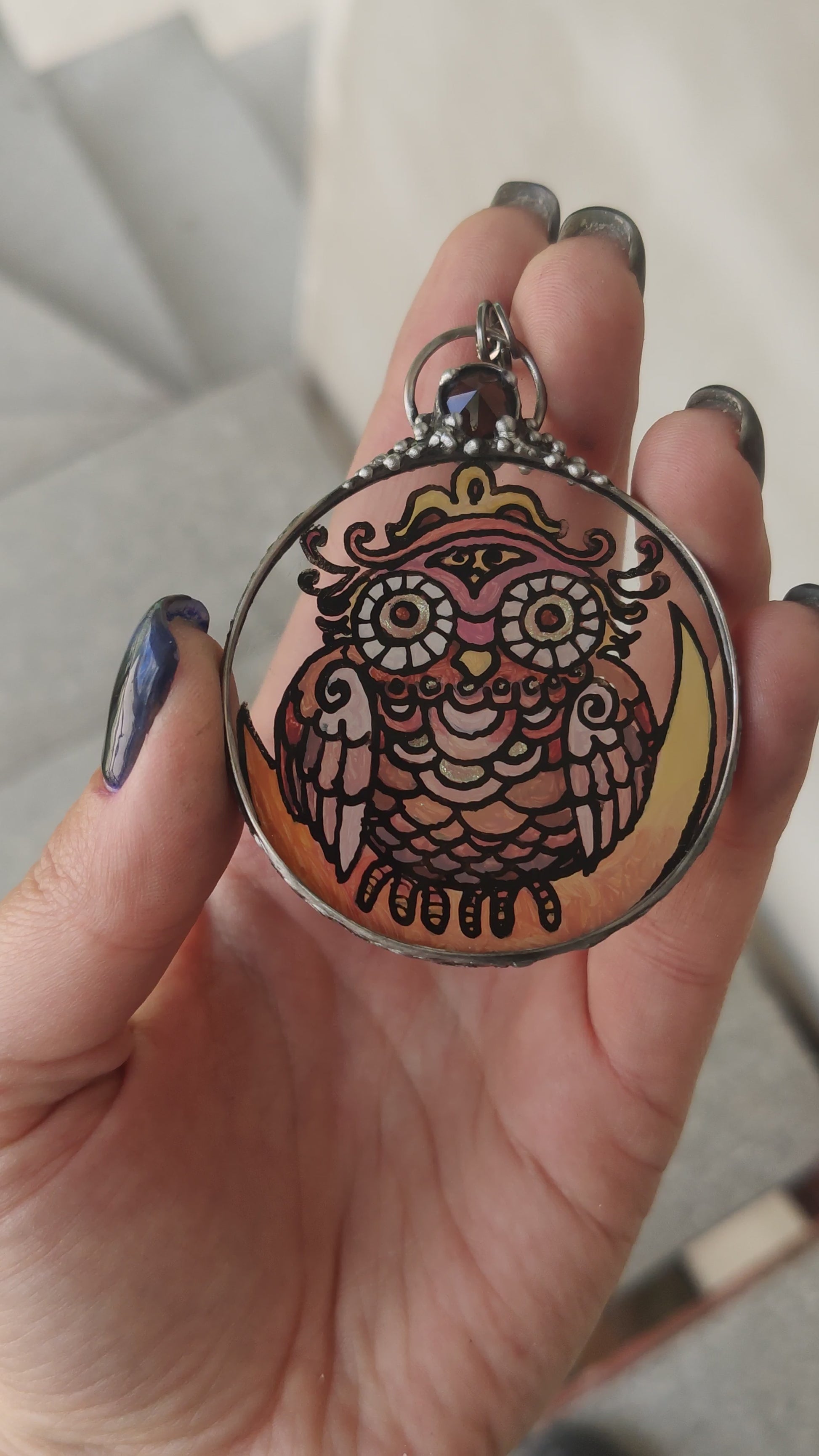 Lunar Owl Necklace, Stained glass necklace