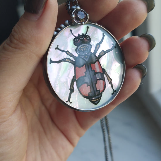 Hand painted glass pendant, Beetle necklace