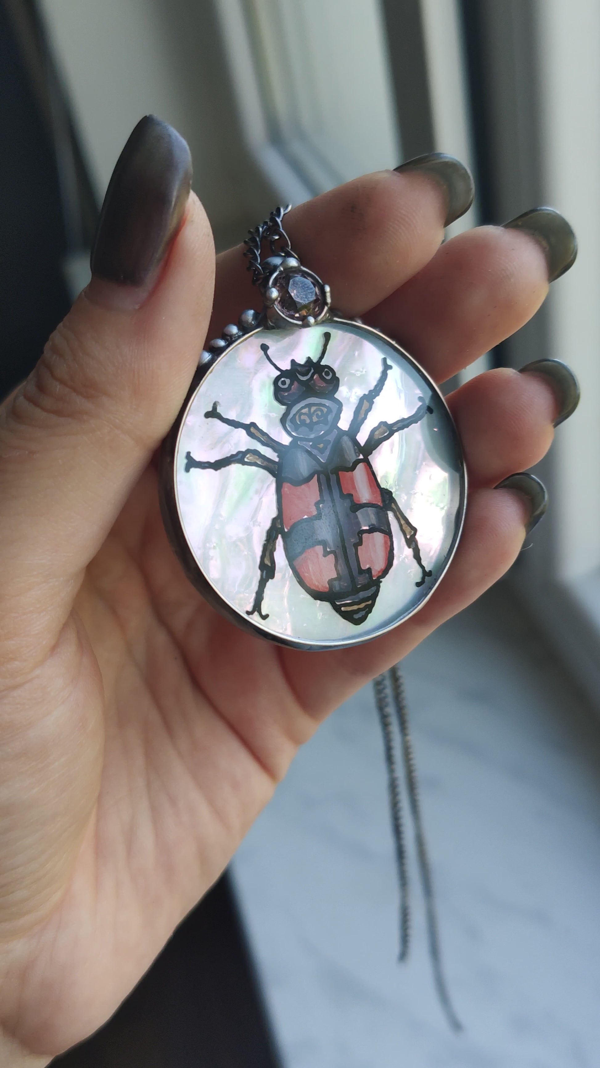 Hand painted glass pendant, Beetle necklace