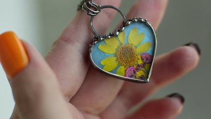 Sunflower necklace, Pressed flower pendant
