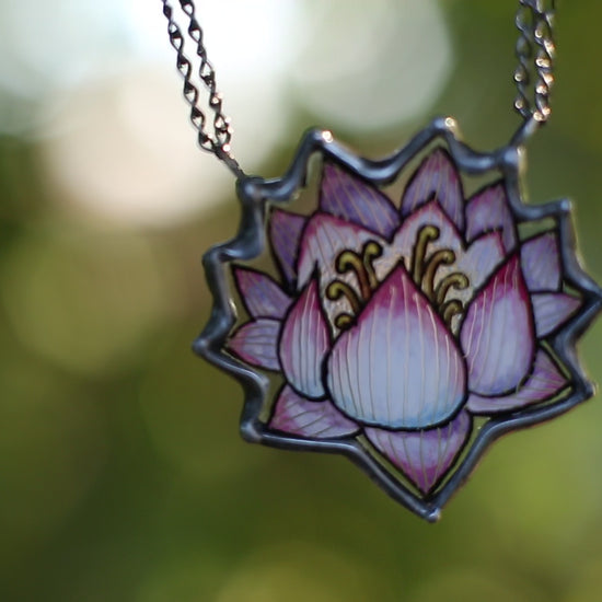 Stained glass lotus flower necklace, Hand painted jewelry