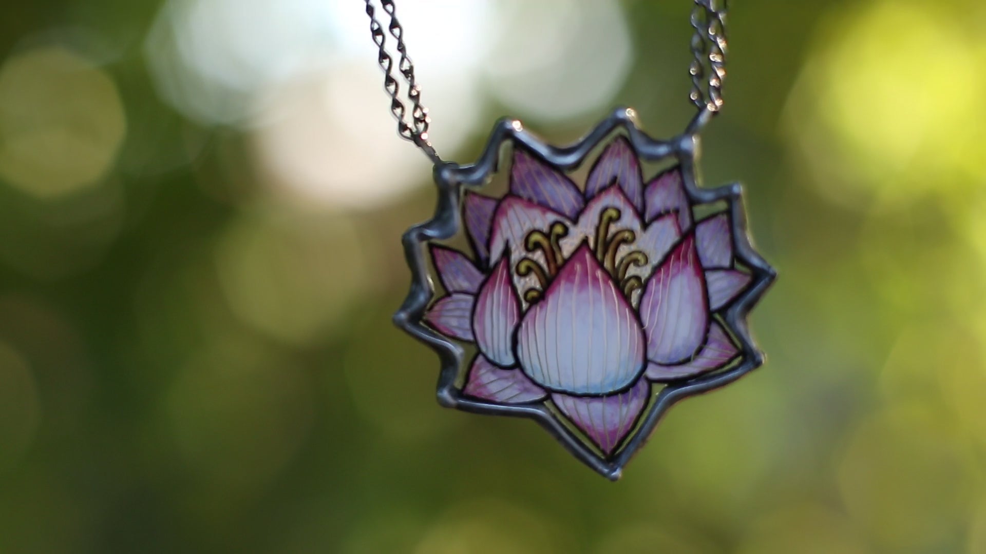 Stained glass lotus flower necklace, Hand painted jewelry
