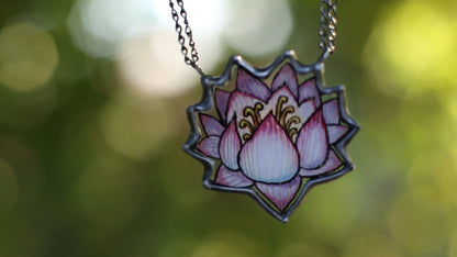 Stained glass lotus flower necklace, Hand painted jewelry