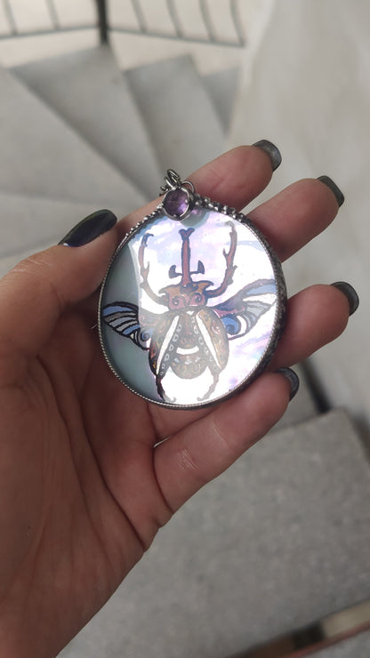 Glass Beetle necklace, Amethyst crystal pendant