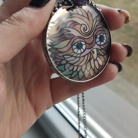 Stained glass bird necklace, Owl pendant