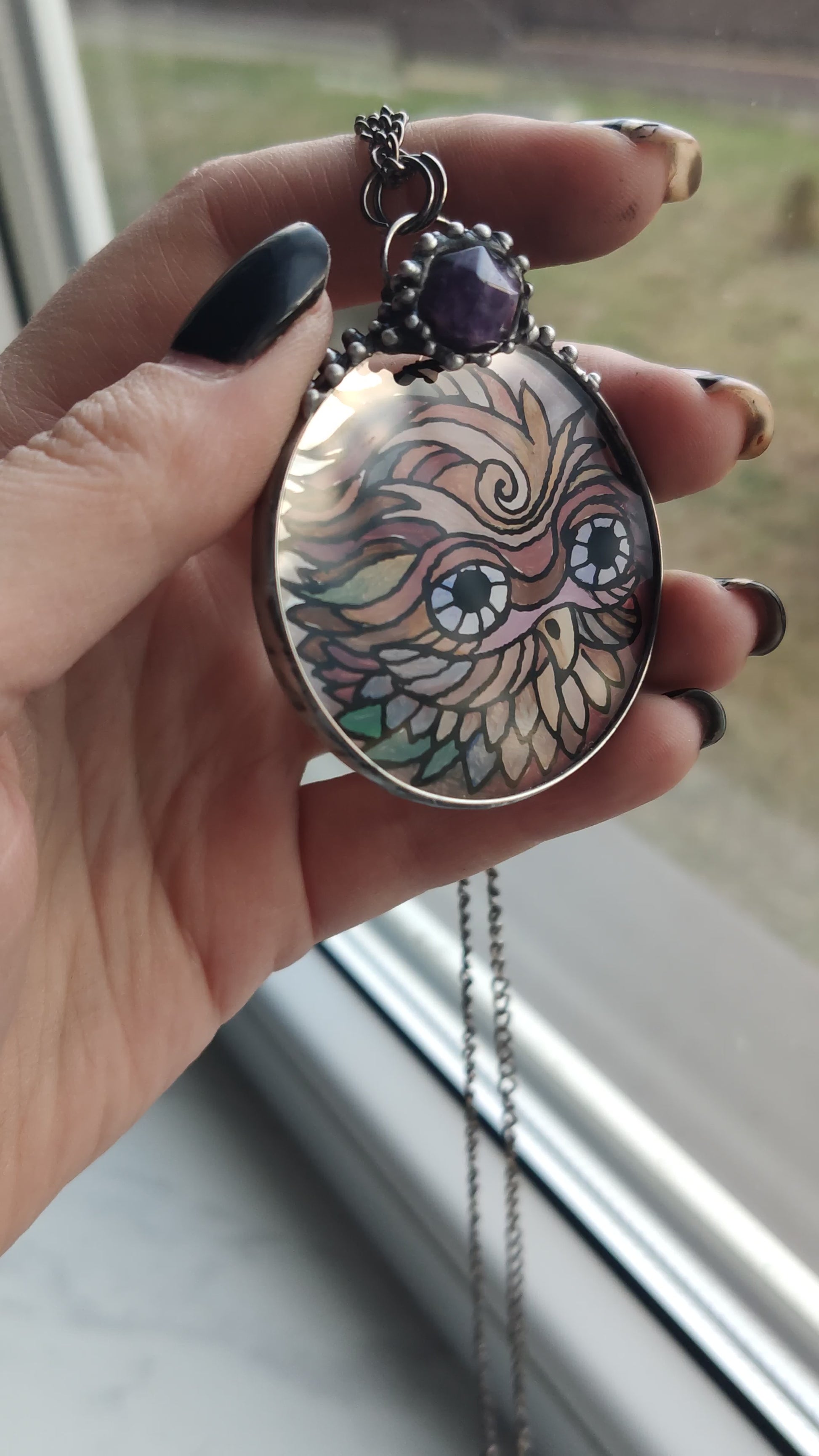 Stained glass bird necklace, Owl pendant