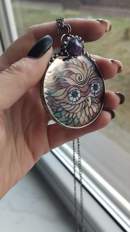 Stained glass bird necklace, Owl pendant