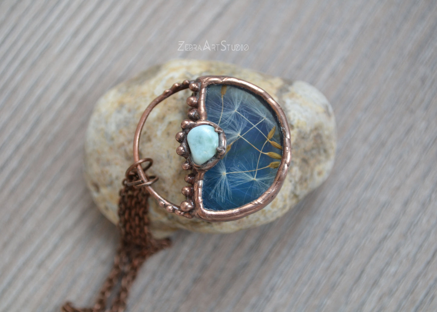 Wish necklace, Tiny dandelion necklace, Larimar necklace