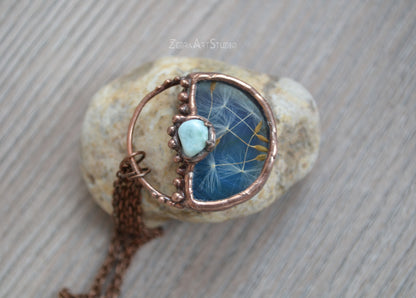Wish necklace, Tiny dandelion necklace, Larimar necklace