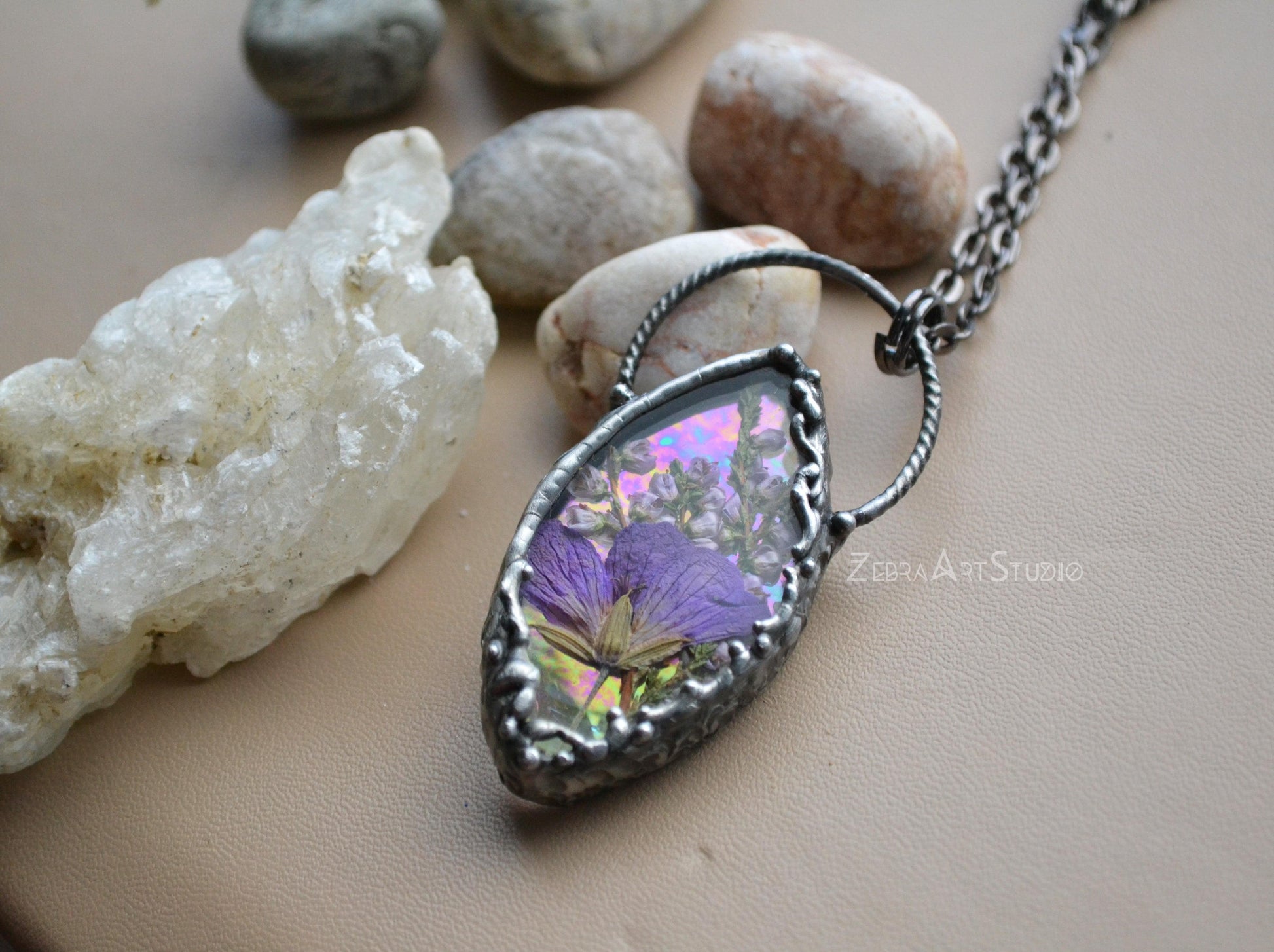 Iridescent necklace, Rainbow jewelry, Pressed flower necklace