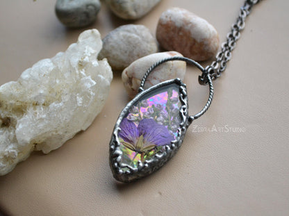 Iridescent necklace, Rainbow jewelry, Pressed flower necklace