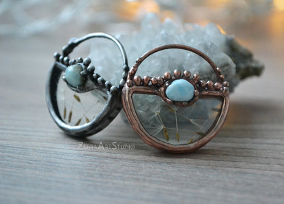 Wish necklace, Tiny dandelion necklace, Larimar necklace