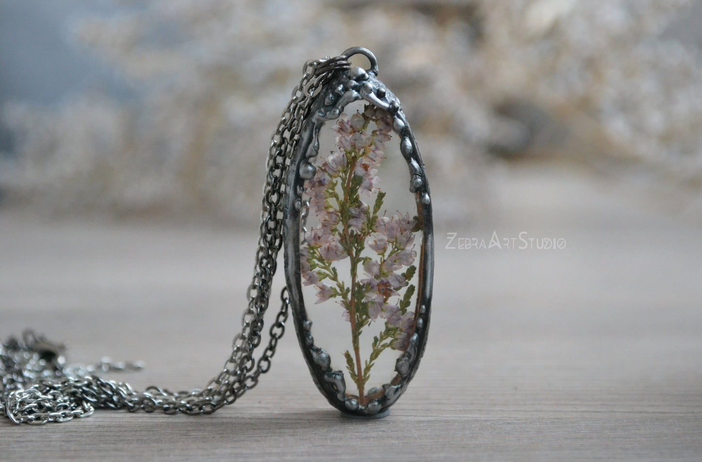 Heather pendant, Pressed heather jewelry
