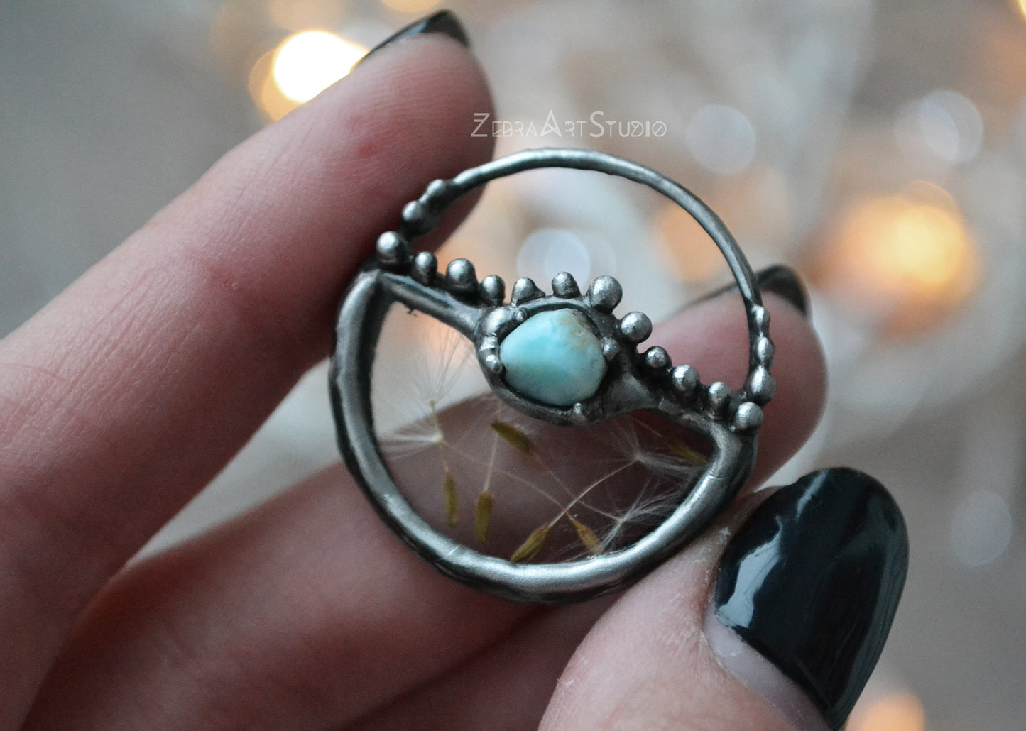 Wish necklace, Tiny dandelion necklace, Larimar necklace