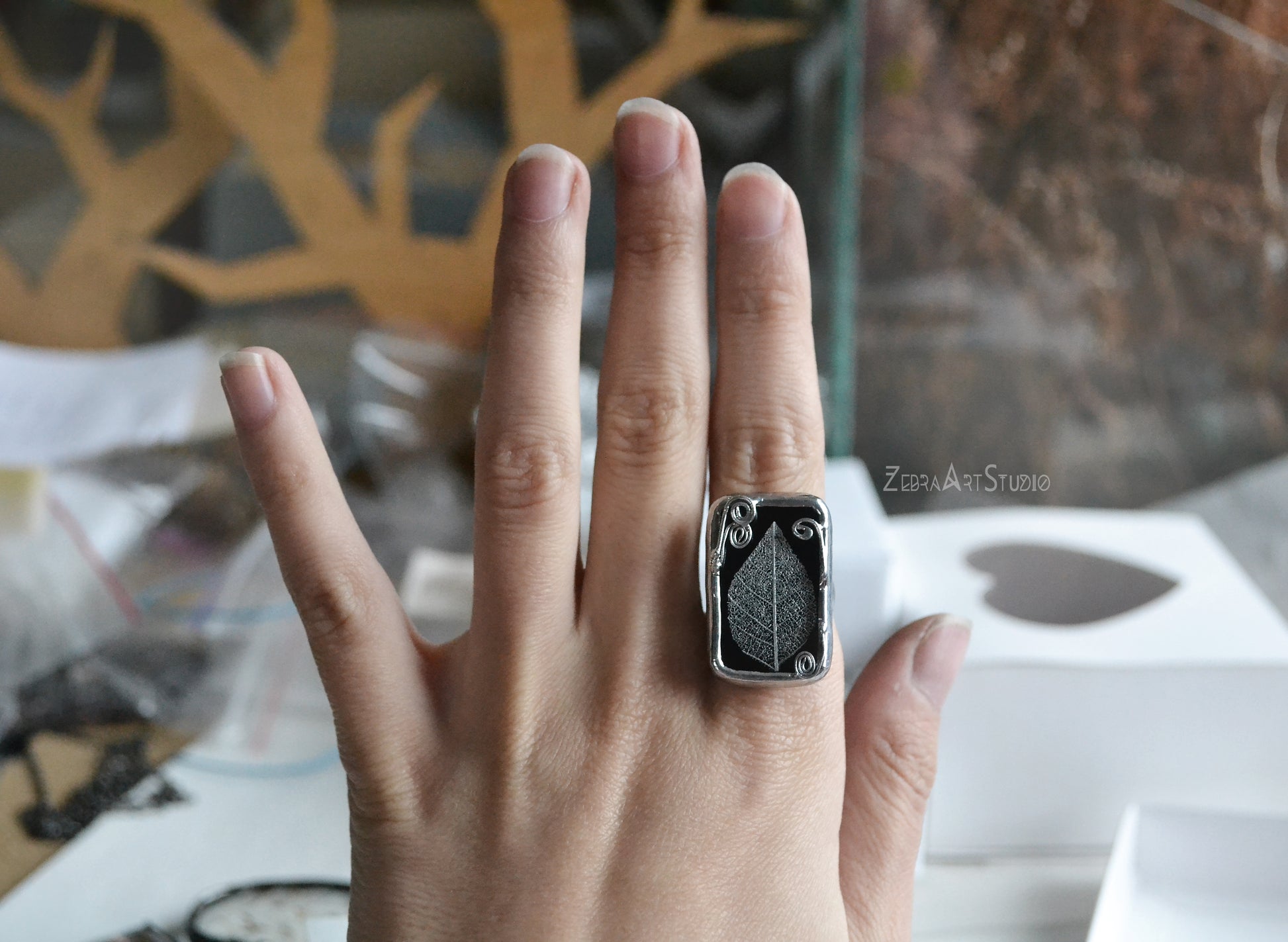 Silver leaf ring, Statement rings, Adjustable ring