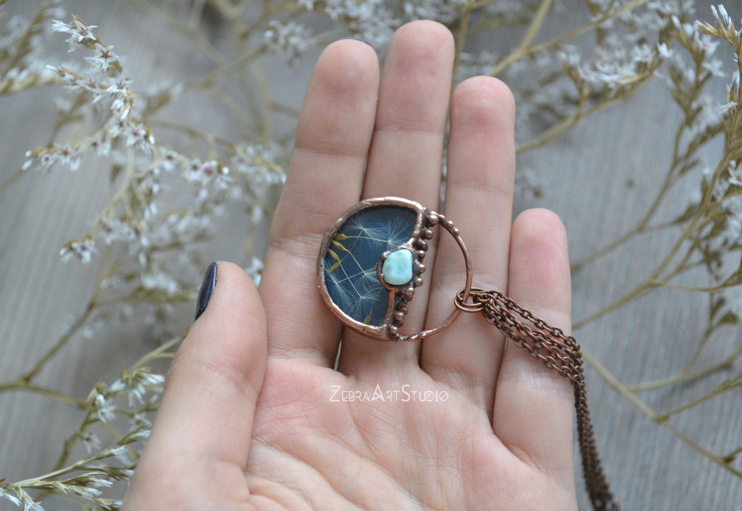 Wish necklace, Tiny dandelion necklace, Larimar necklace