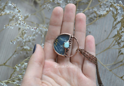 Wish necklace, Tiny dandelion necklace, Larimar necklace