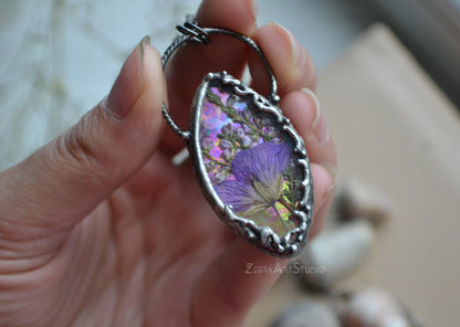 Iridescent necklace, Rainbow jewelry, Pressed flower necklace