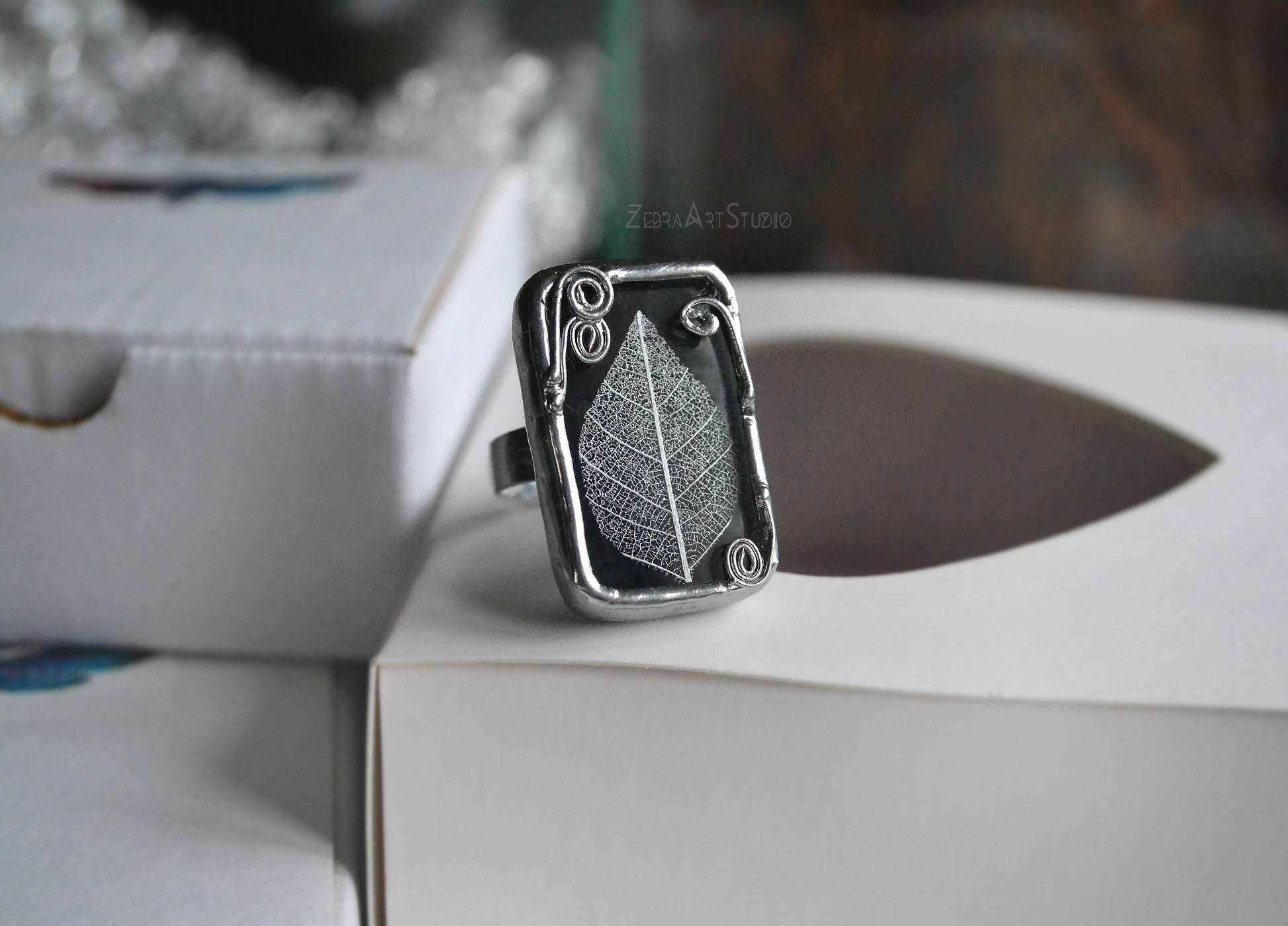 Silver leaf ring, Statement rings, Adjustable ring