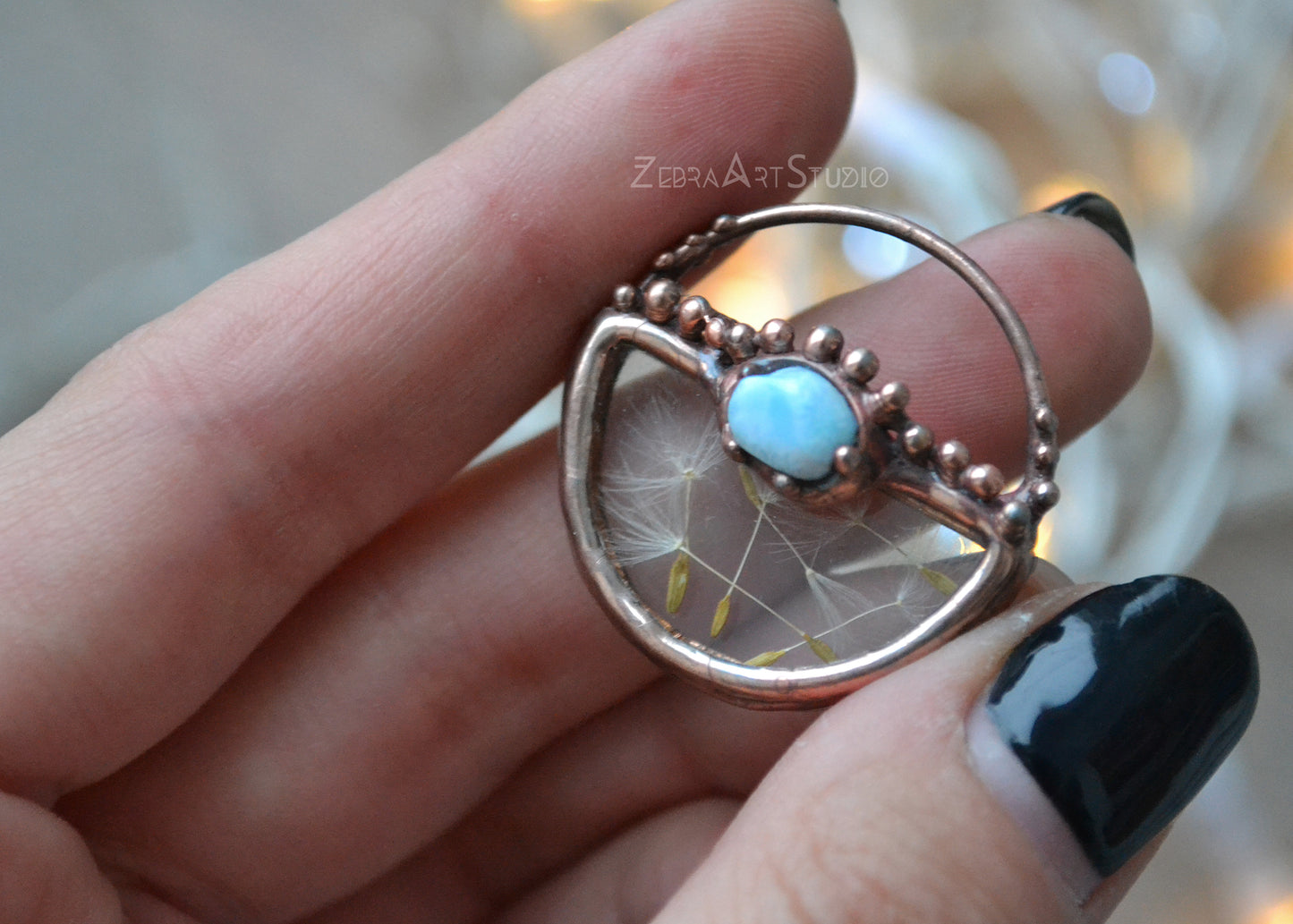 Wish necklace, Tiny dandelion necklace, Larimar necklace