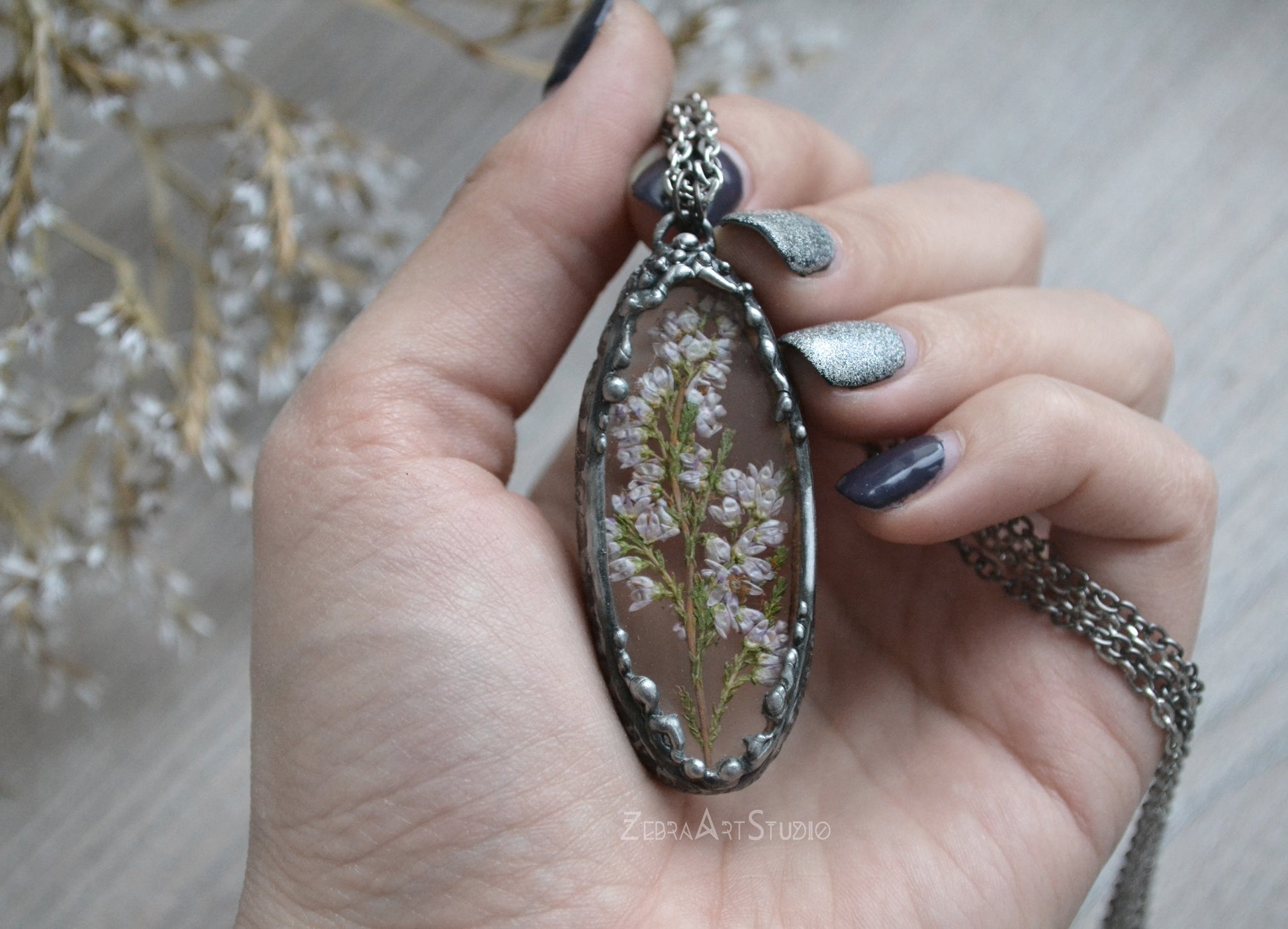 Heather pendant, Pressed heather jewelry