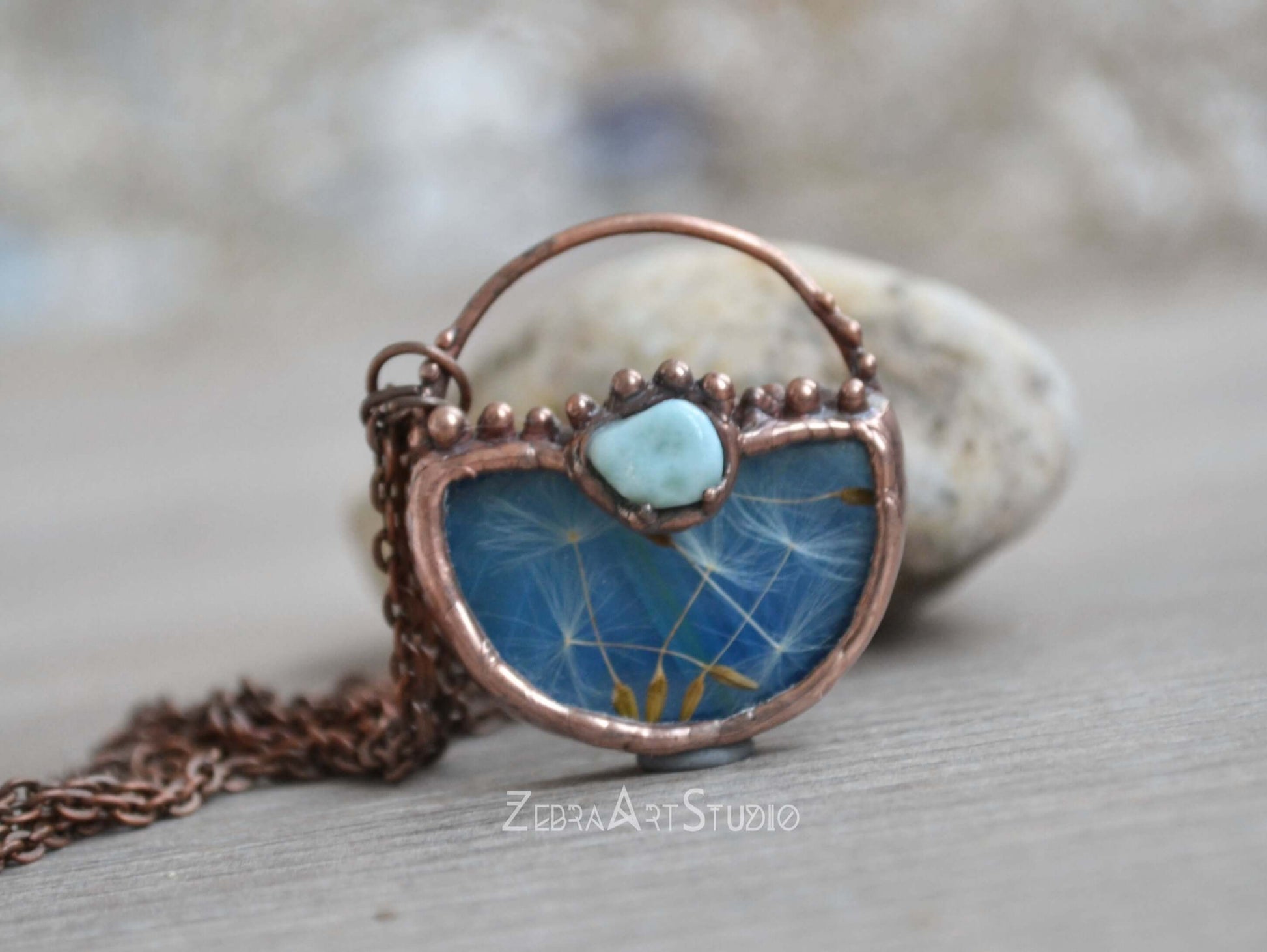 Wish necklace, Tiny dandelion necklace, Larimar necklace
