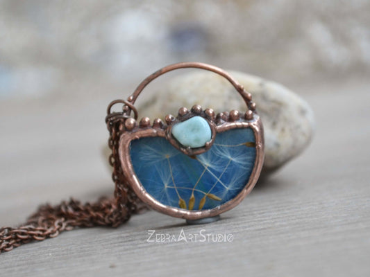 Wish necklace, Tiny dandelion necklace, Larimar necklace