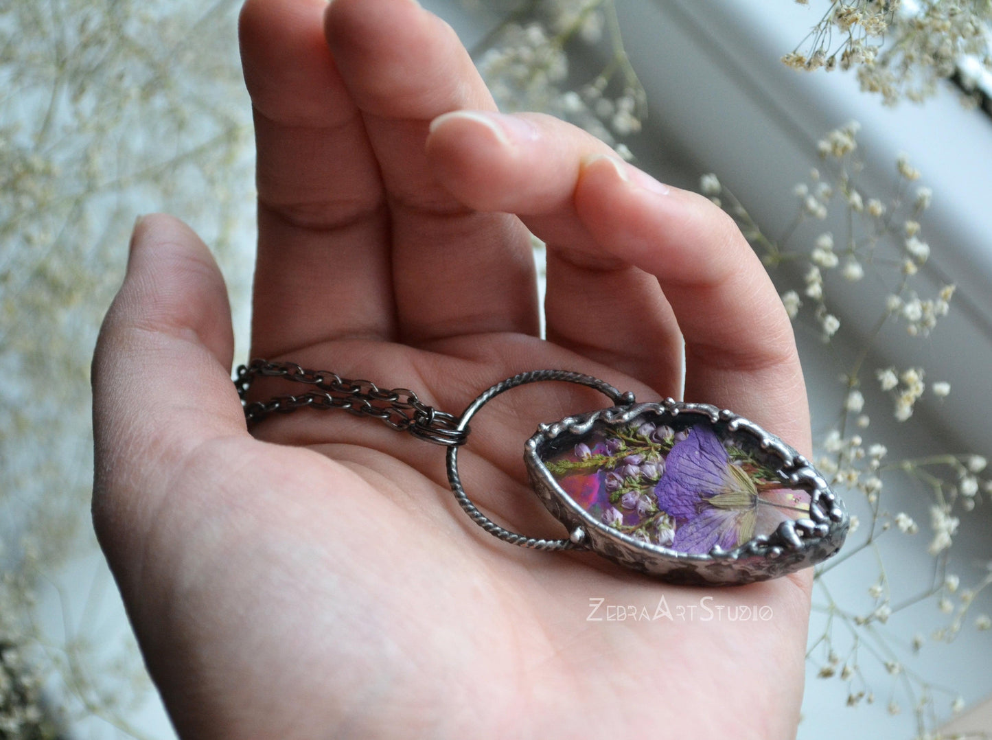 Iridescent necklace, Rainbow jewelry, Pressed flower necklace