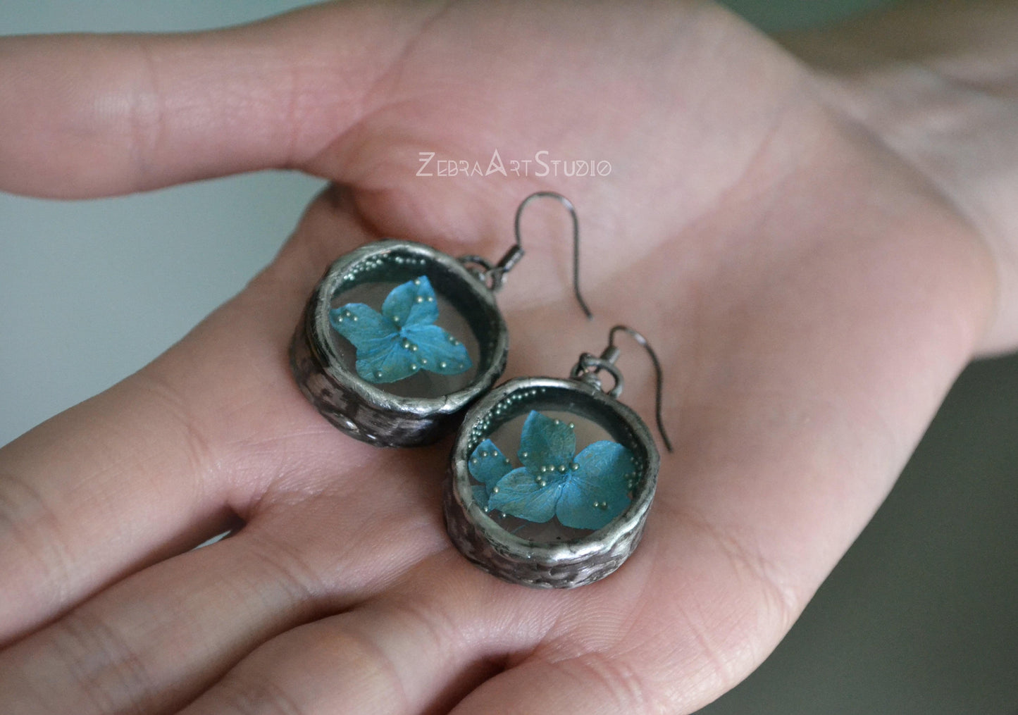 Hydrangea earrings, Blue flower earrings