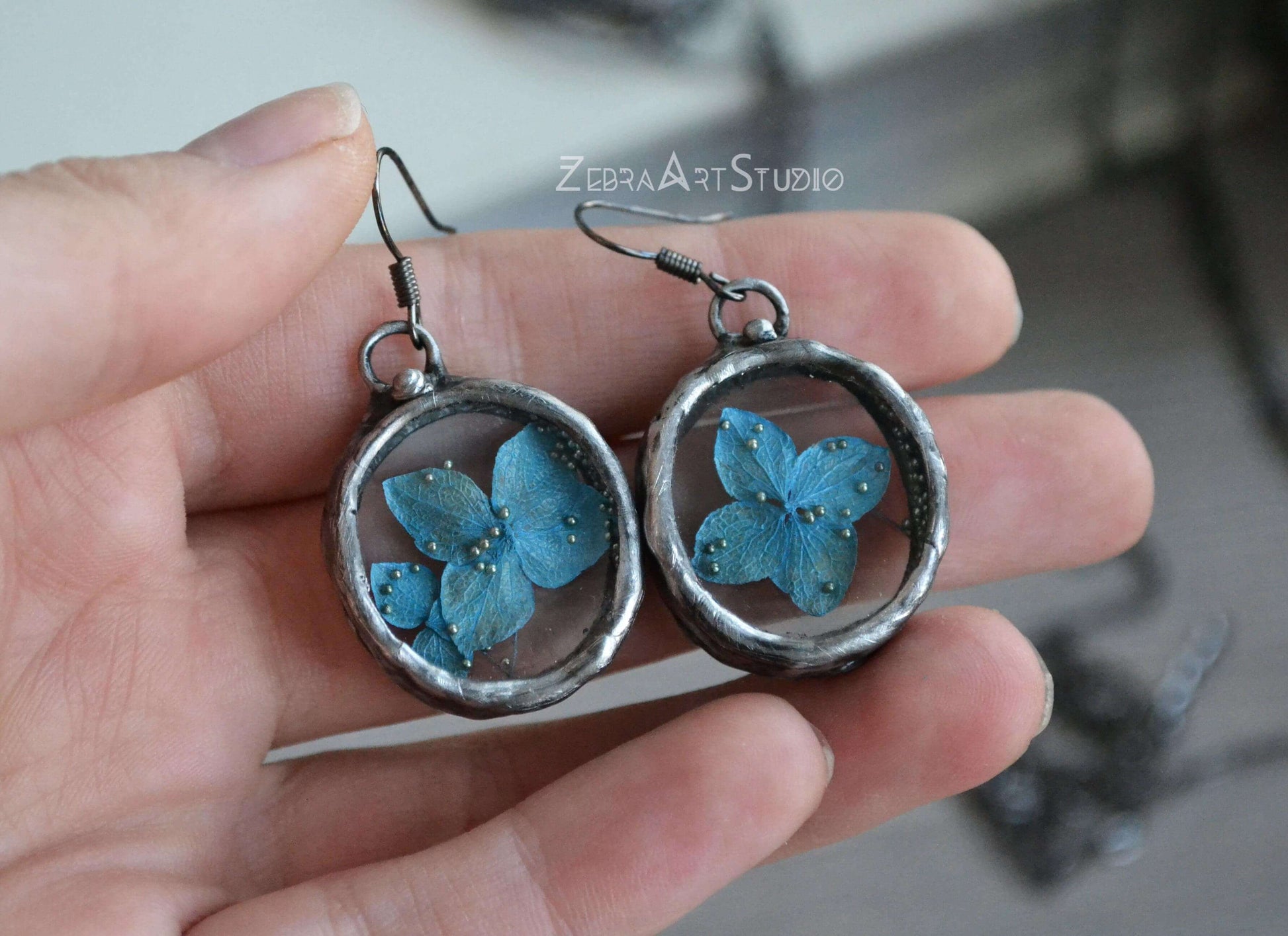 Hydrangea earrings, Blue flower earrings