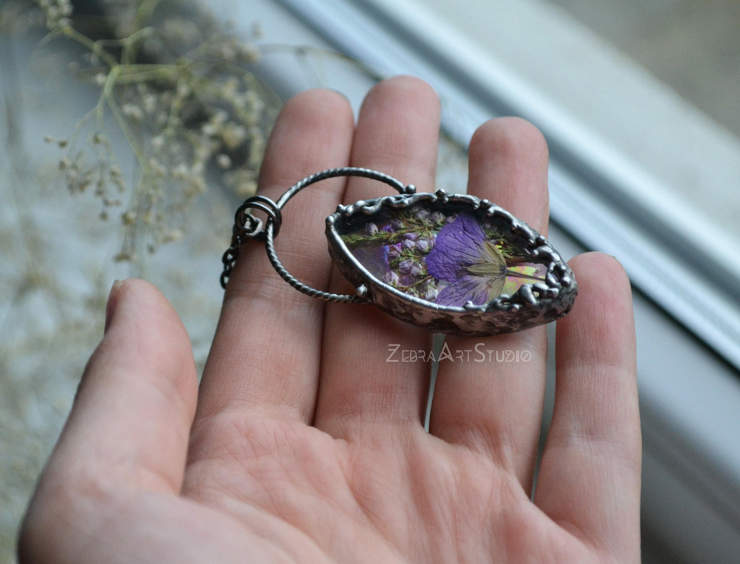 Iridescent necklace, Rainbow jewelry, Pressed flower necklace