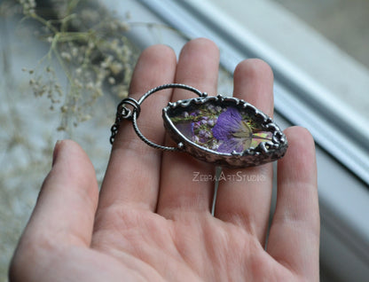 Iridescent necklace, Rainbow jewelry, Pressed flower necklace
