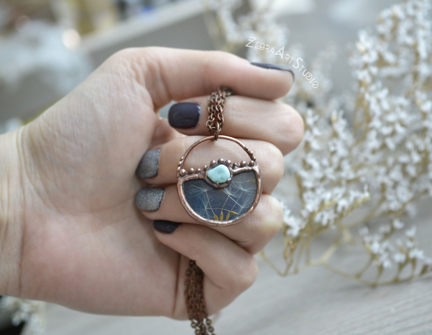 Wish necklace, Tiny dandelion necklace, Larimar necklace
