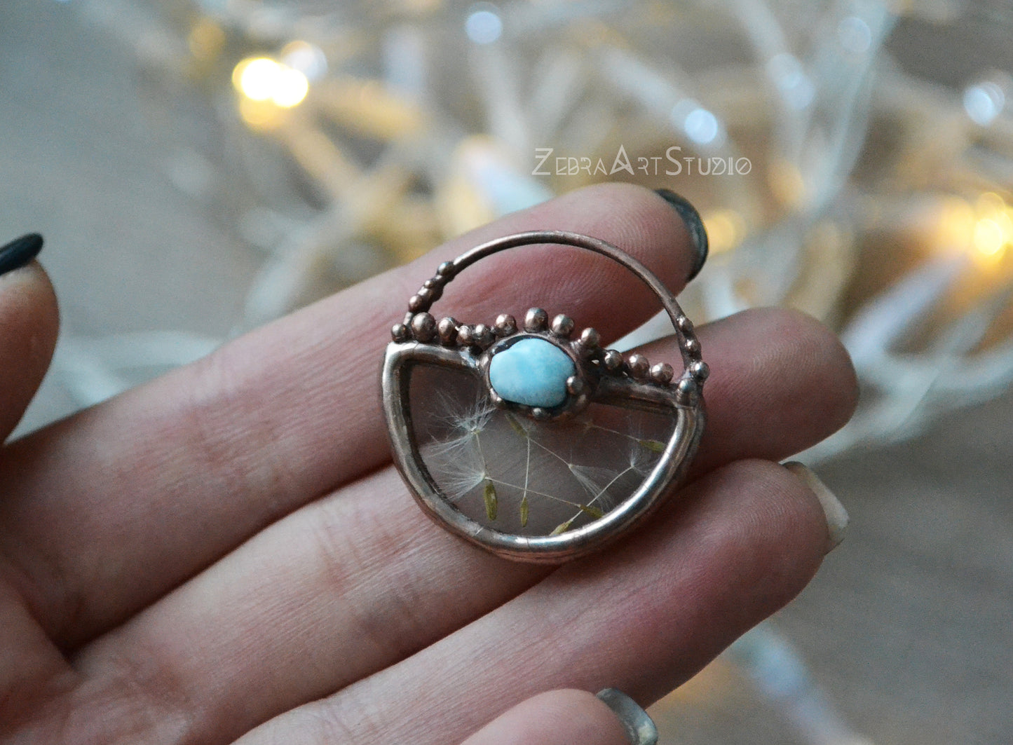 Wish necklace, Tiny dandelion necklace, Larimar necklace