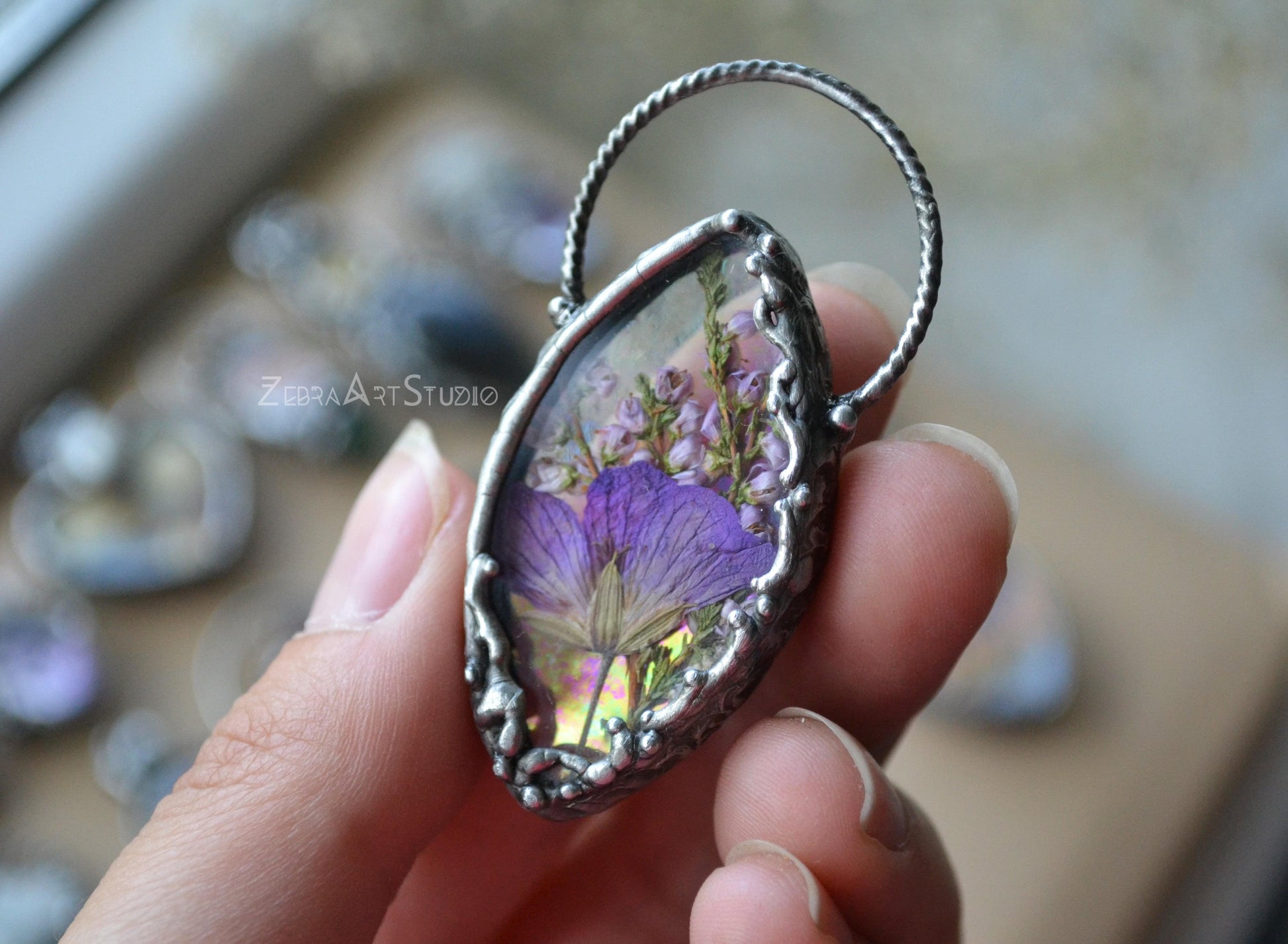 Iridescent necklace, Rainbow jewelry, Pressed flower necklace