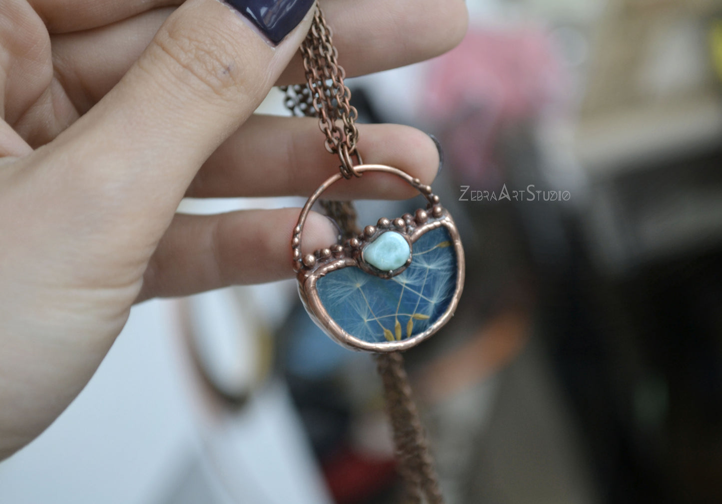 Wish necklace, Tiny dandelion necklace, Larimar necklace