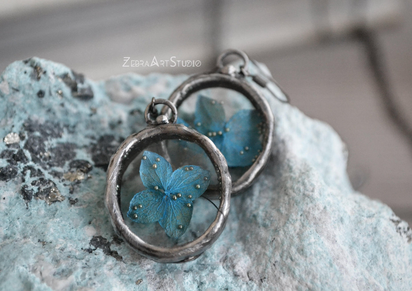 Hydrangea earrings, Blue flower earrings