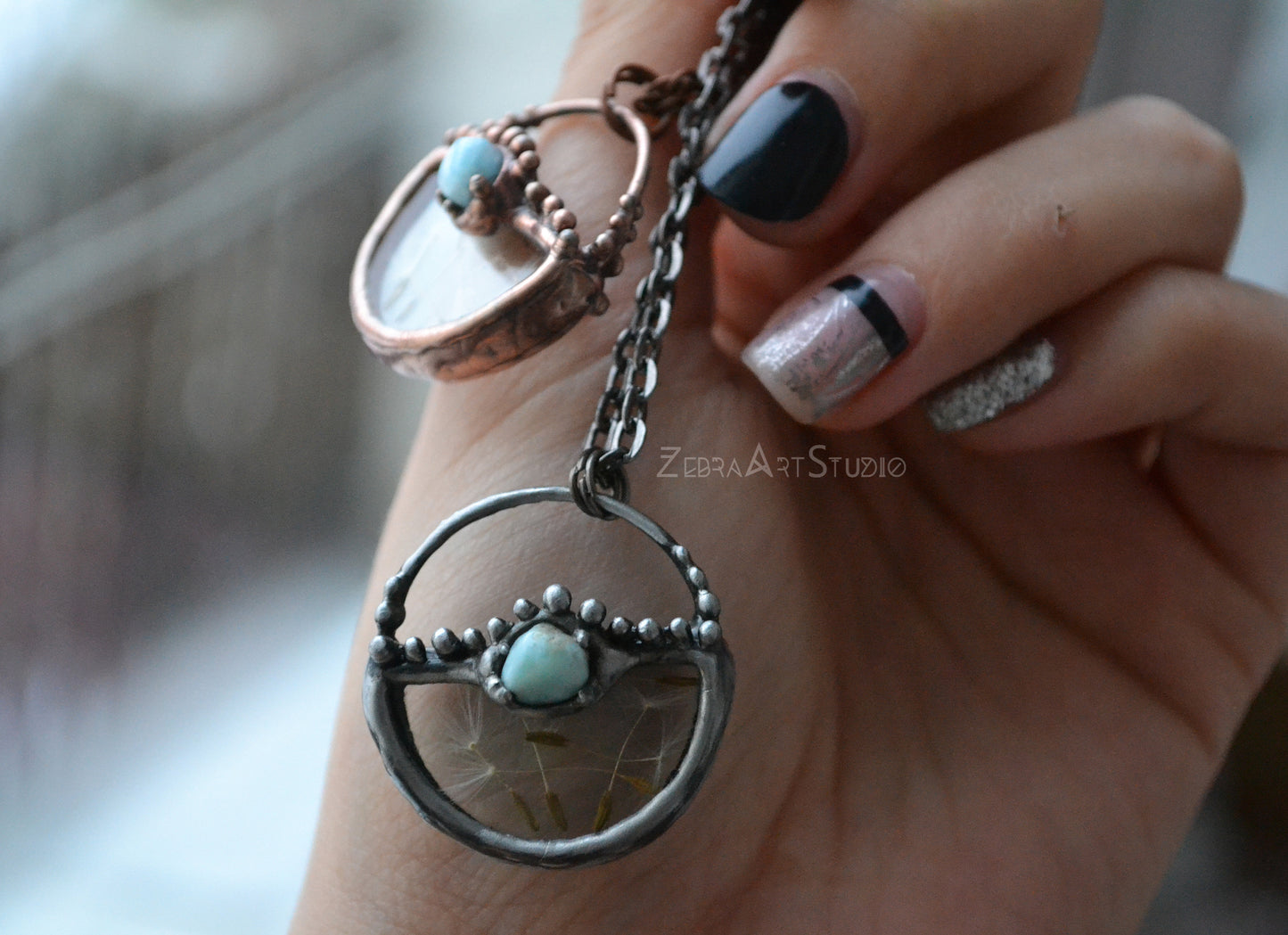 Wish necklace, Tiny dandelion necklace, Larimar necklace