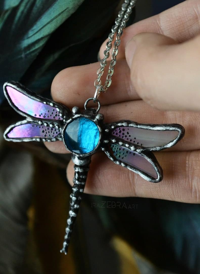 Dragonfly necklace, Glass Dragonfly, Stained glass pendant