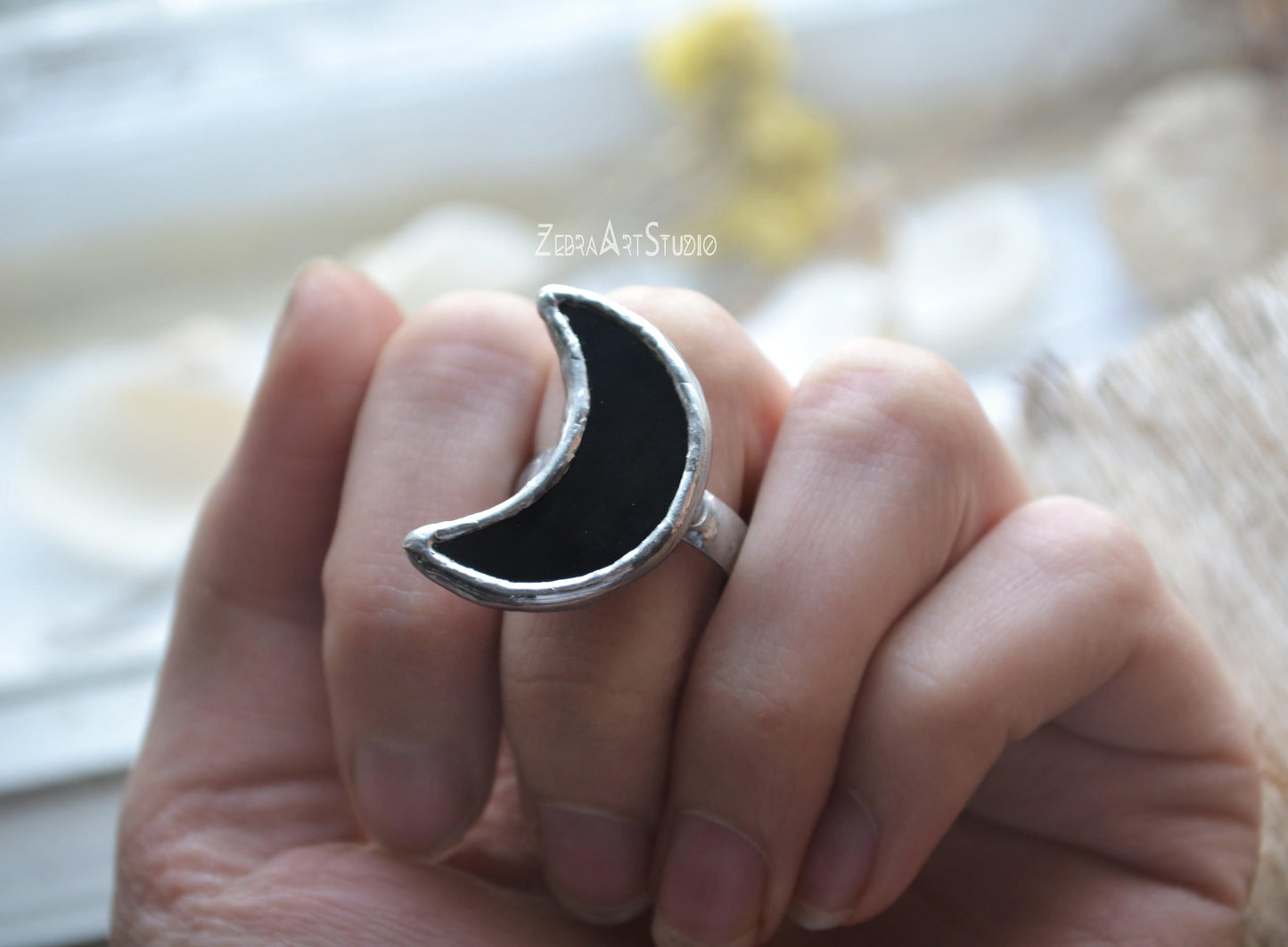 Moon Ring, Black moon ring, Half Moon Ring, Adjustable ring