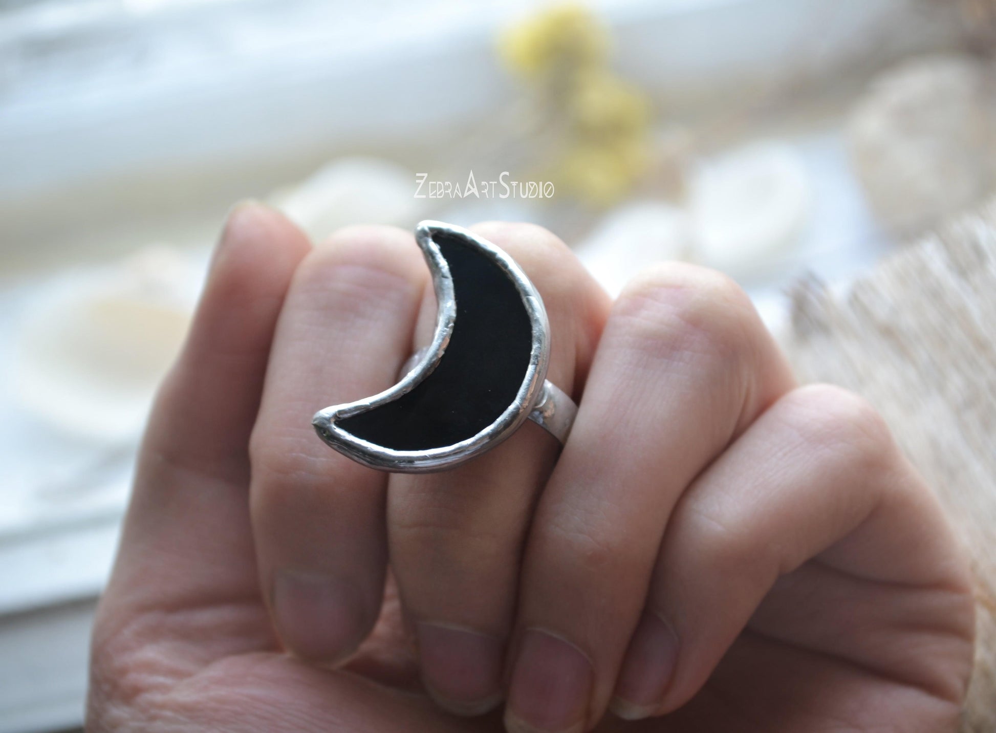 Moon Ring, Black moon ring, Half Moon Ring, Adjustable ring