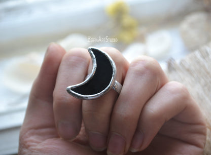 Moon Ring, Black moon ring, Half Moon Ring, Adjustable ring