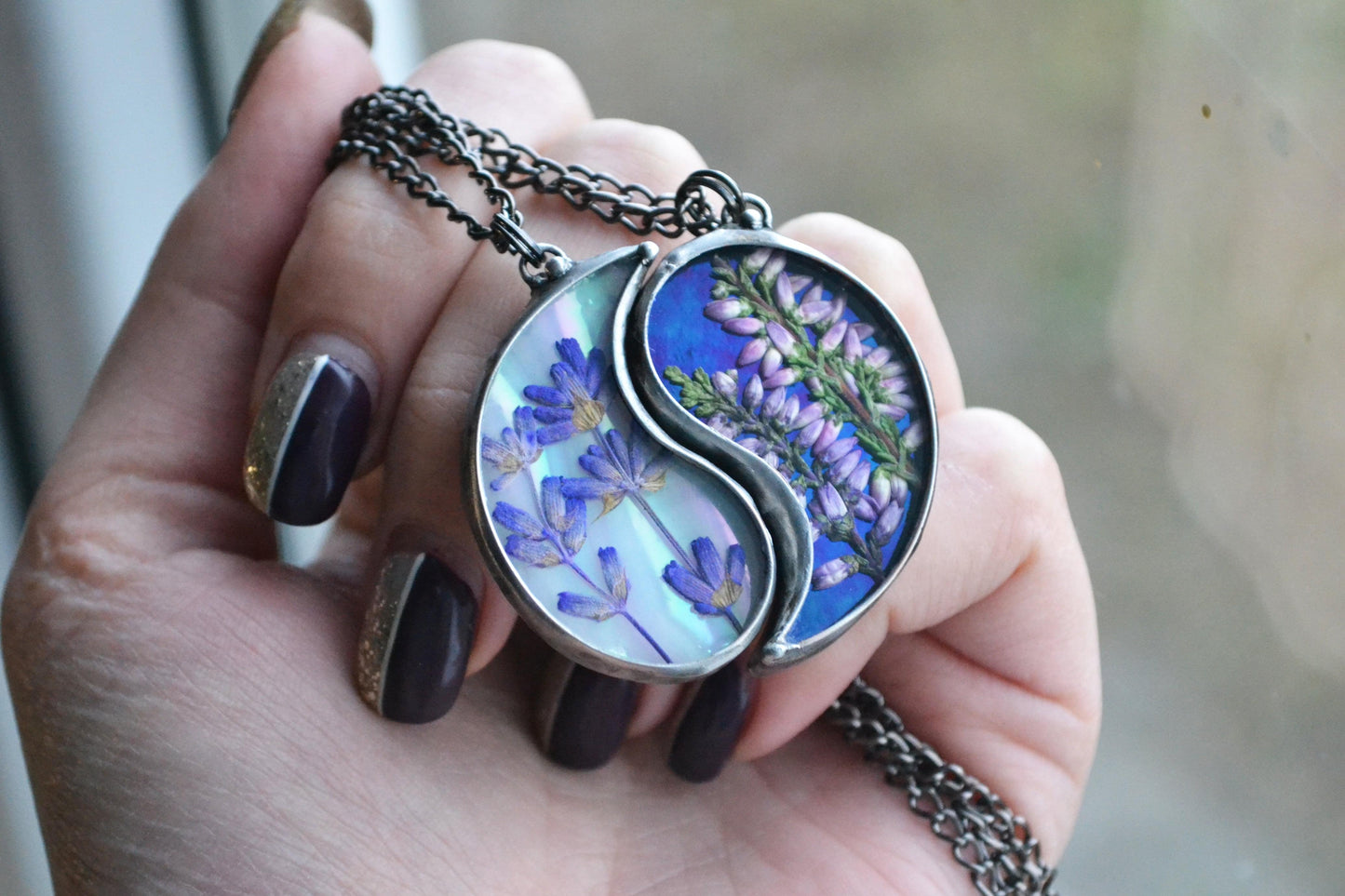 Best friend necklaces, Lavender and heather pendants